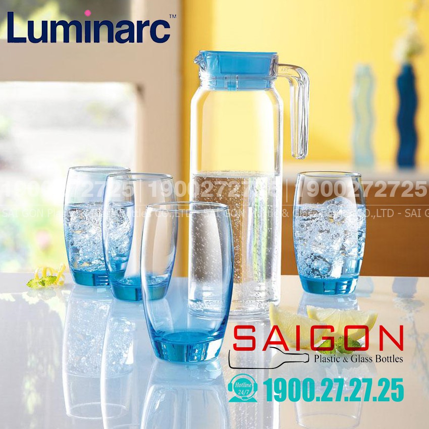 Bộ Bình Thủy Tinh Luminarc Rotterdam Ice Blue 5 Món J1799  ( 01 Bình 1.1Lít + 04 Ly 350ml )