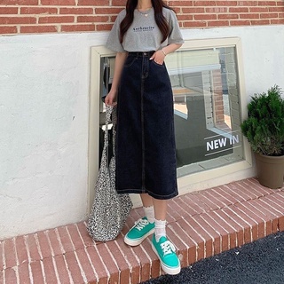 (sẵn) Chân váy jeans dài xẻ tà có bigsize