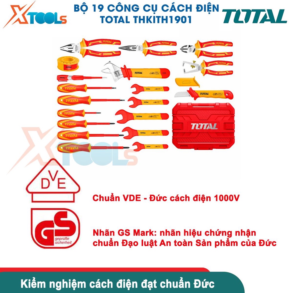 Bộ 19 công cụ cách điện TOTAL THKITH1901 cách điện 1000V, chứng nhận VDE/GS nhiều dụng cụ tiện ích [CHÍNH HÃNG][XTOOLS]