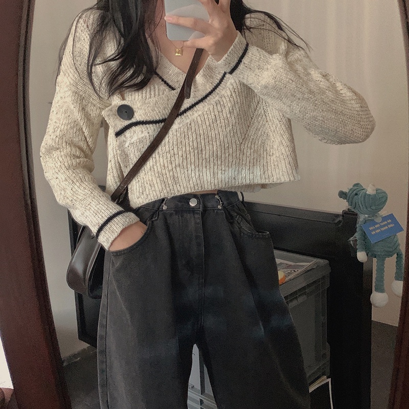 QADCOL Áo sweater tay dài dáng ôm phối hàng nút đơn thời trang cho nữ