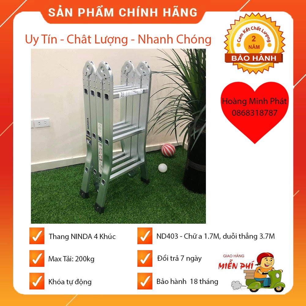 Thang nhôm Ninda ND-403 gấp chữ M, cao 3m7