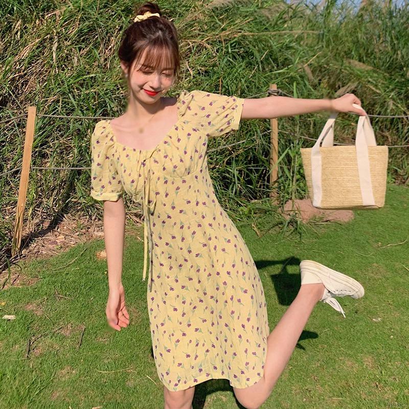 Đầm Tay Ngắn Cổ Vuông Họa Tiết Hoa Xinh Xắn Phong Cách Retro Hàn Quốc
