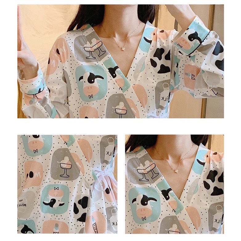 Bộ đồ ngủ pyjama có dây eo họa tiết hình dễ thương chất liệu thun sữa mềm mịn