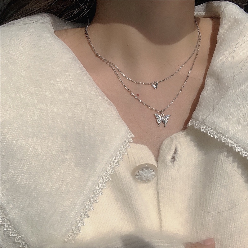 Vòng cổ Hai Lớp Mặt Hình Bướm Đính Đá zircon Thanh Lịch Nhẹ Nhàng Cho Nữ