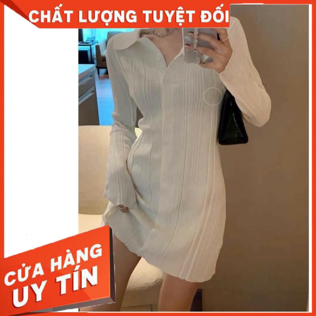 Váy body dài tay trắng dáng ngắn khuy cài có cổ kèm ảnh thật | BigBuy360 - bigbuy360.vn