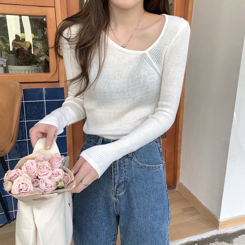 【out of stock】Áo dệt kim 45504 tay dài cổ lệch màu trơn phong cách thanh lịch dễ thương cho nữ | BigBuy360 - bigbuy360.vn