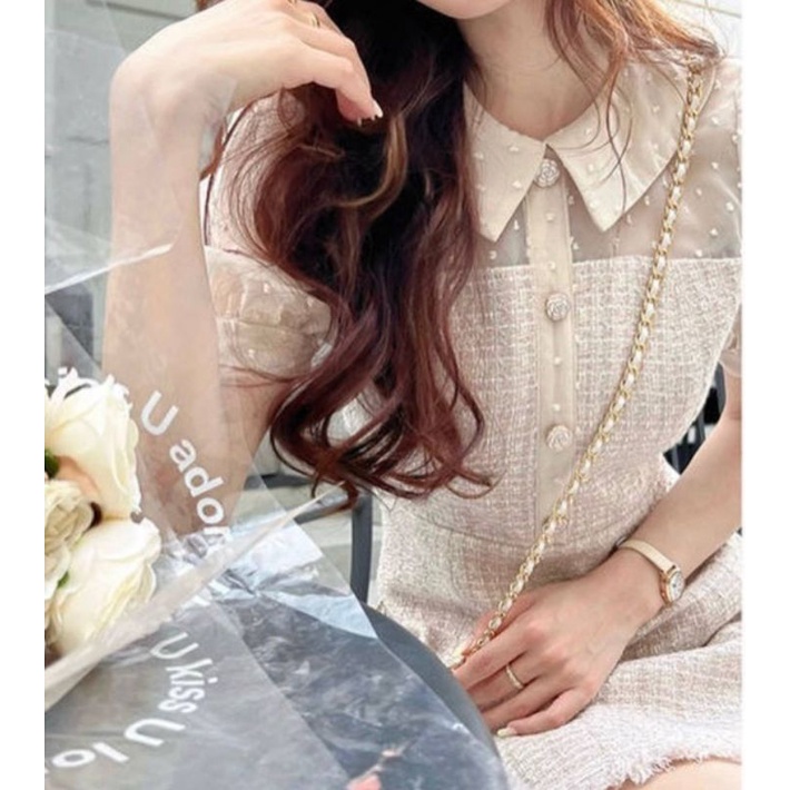 ĐẦM DẠ NUDE PHỐI TAY VOAN CỔ SEN