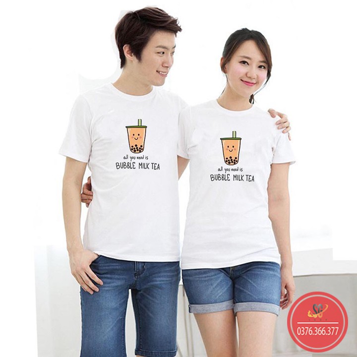 Áo thun cặp đôi mẫu Trà Sữa thun cotton mềm mịn cổ tròn tay ngắn form unisex màu trắng AC108T | SG