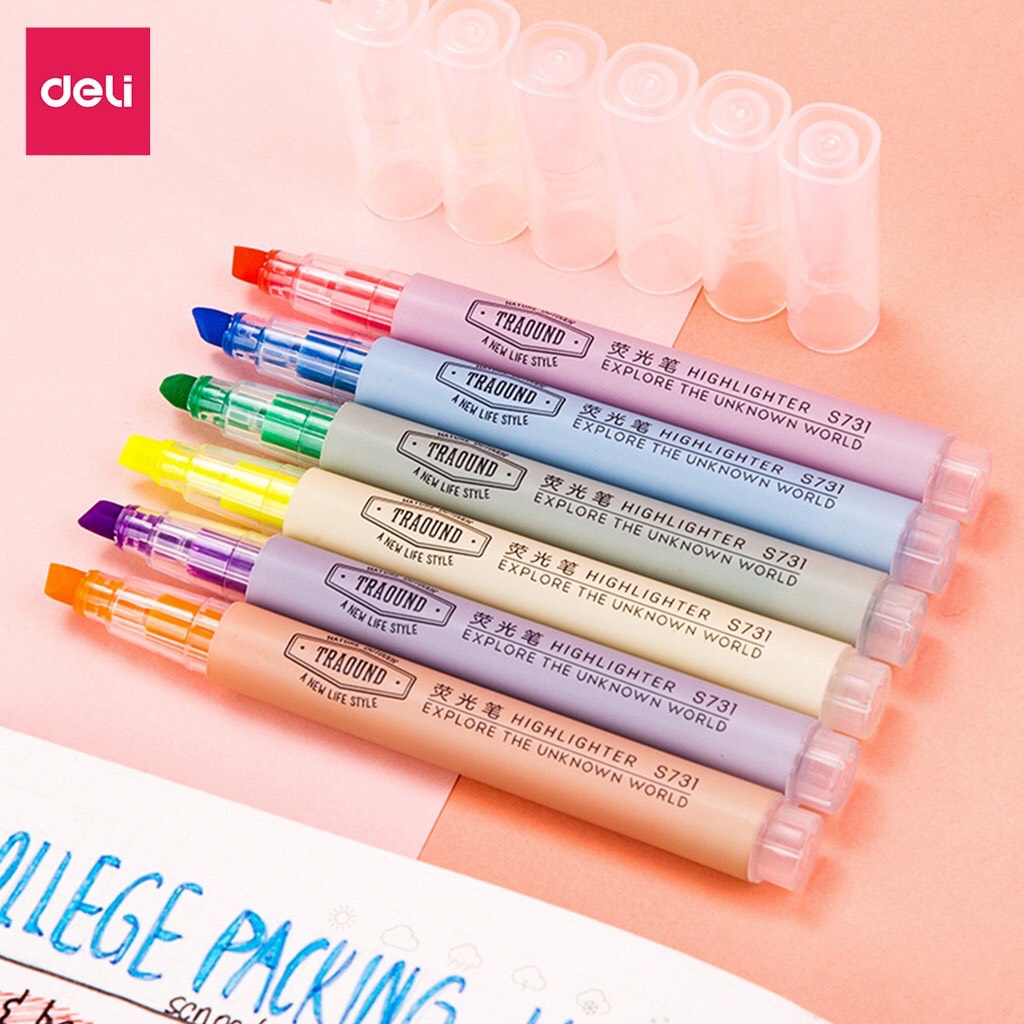 Bút highlight dạ quang dấu dòng 1 set / 6 cái Deli cao cấp - Bút highlight đánh dấu cute - MIYABI STOTE