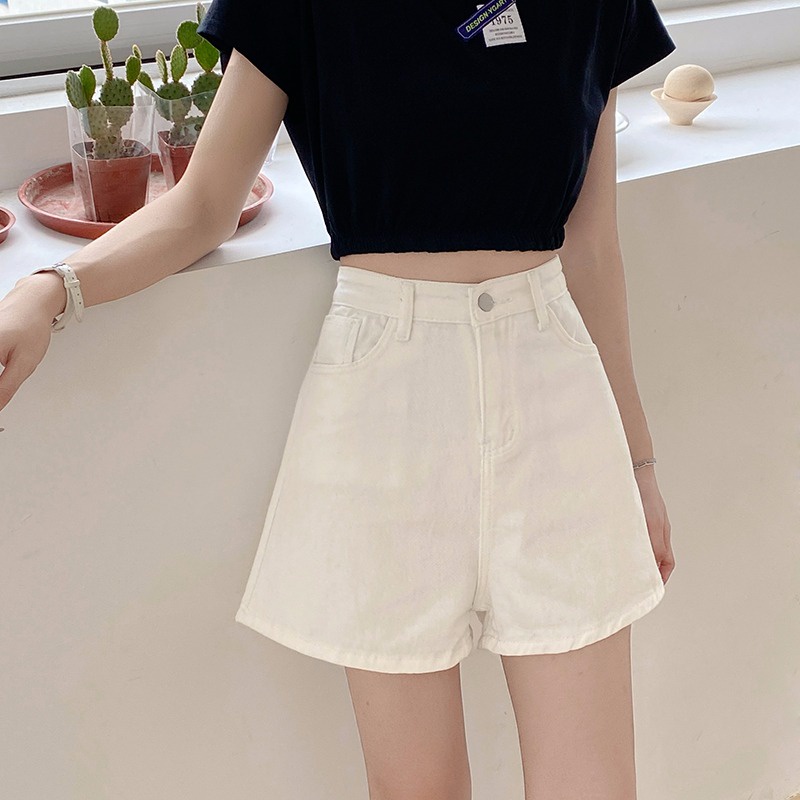 Quần denim ngắn lưng cao ống rộng dễ phối đồ phong cách Hàn Quốc