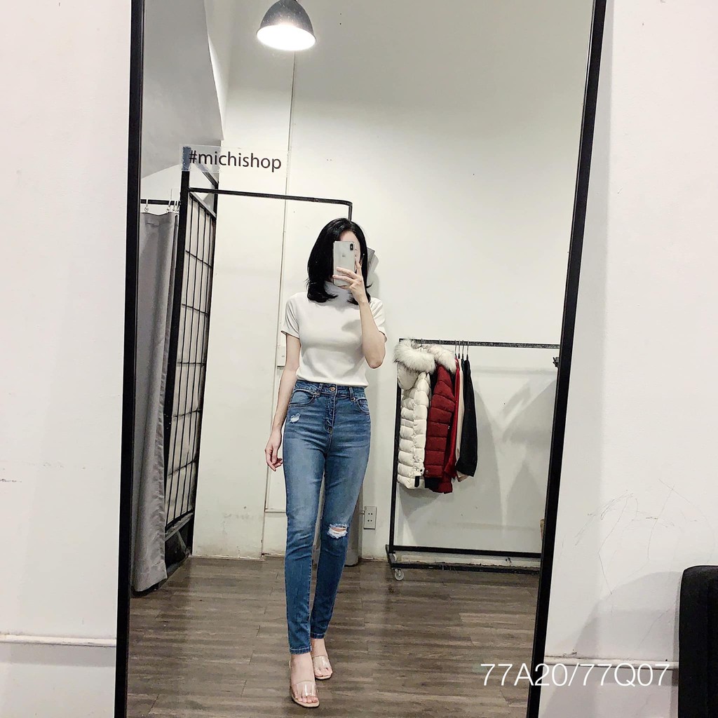 Quần jean skinny Bershka rách gối xanh-77Q07