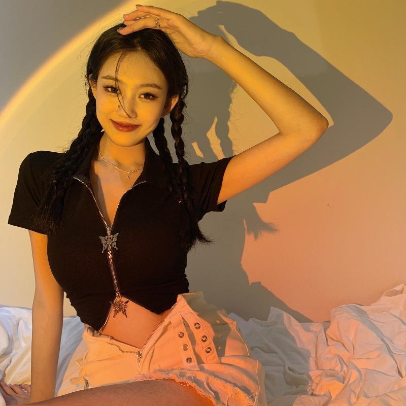 Áo Croptop Tay Ngắn Dáng Ôm Có Khóa Kéo Màu Đen Thời Trang Mùa Hè Quyến Rũ Cho Nữ