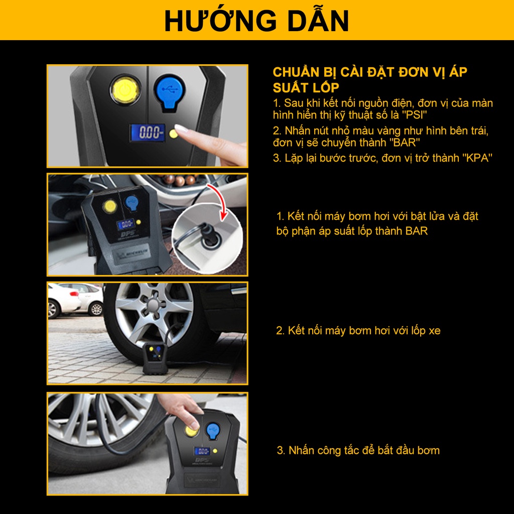 Máy Bơm Lốp Ô tô Michelin Cao Cấp Đa Năng Tự Ngắt 12v xe hơi Cho Xe Hơi từ 4 đến 16 chỗ，xe máy máy bơm lốp