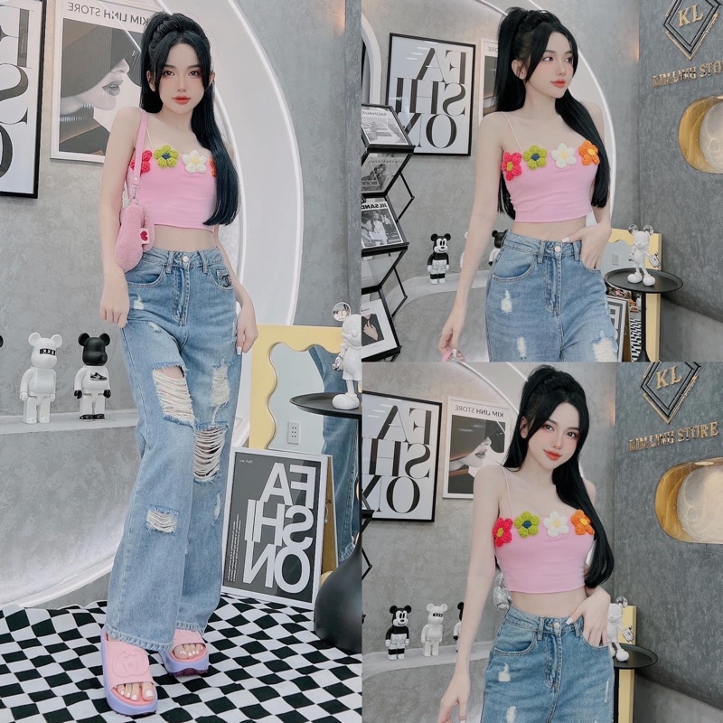 Áo 2 dây, áo hai dây nữ croptop Anvibotique sợi bún hoa len móc siêu xinh phong cách hàn quốc