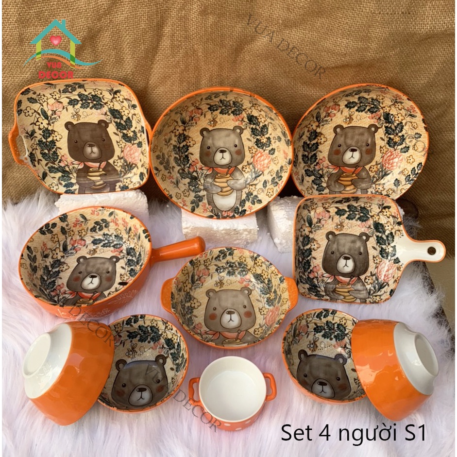 Set Bát Đĩa ⭐️Gấu Cam⭐️ Bát đĩa ăn cơm ăn mì, decor bàn ăn dễ thương S100