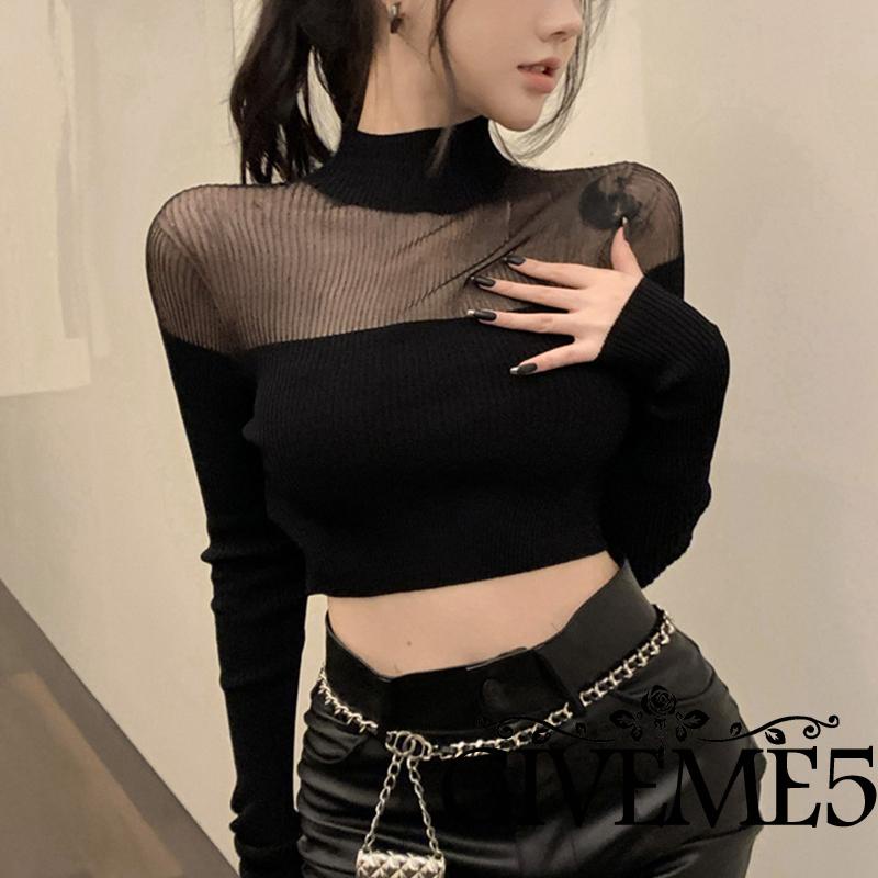 Áo Thun Dài Tay Phối Lưới Thời Trang Cho Nữ