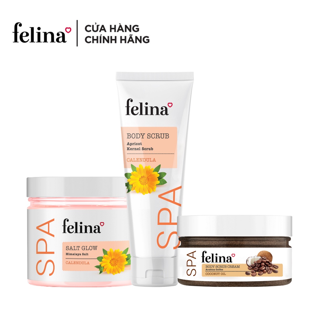 Combo 3 hộp tẩy tế bào chết Felina - Muối hồng Himalaya 500g/hộp, Kem cà phê 220g/hộp, Gel hạt mơ nghiền 300ml/hộp