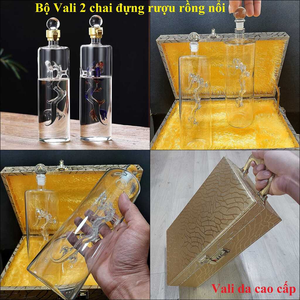 Bộ Chai Thủy Tinh Đựng Rượu rồng nổi 800ml (bộ 2 bình) kèm vali da cao cấp có khóa số - Bình Đựng Rượu cao cấp
