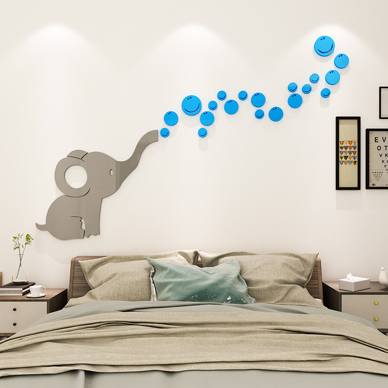 Tranh dán tường mica 3d decor khổ lớn chú voi xám thổi bong bóng ngộ nghĩnh trang trí mầm non Nhiều Size - EPeBen