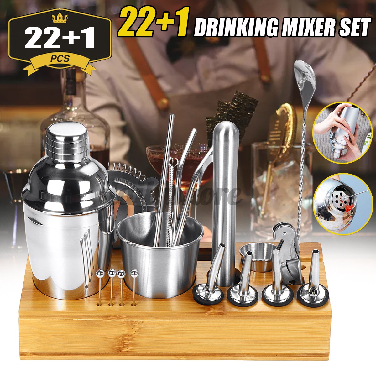 Set dụng cụ pha cocktail bằng thép không gỉ cho quán bar 22 trong 1