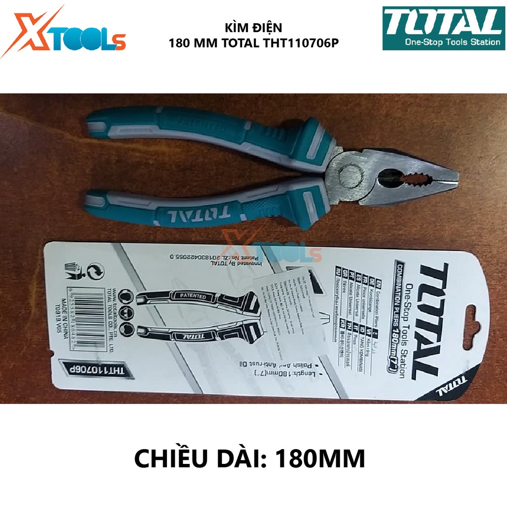 Kìm điện TOTAL THT110706P | kềm răng Kích thước 7''/180mm, CR-V, Chất liệu PP + TPR, Trọng lượng 0,2 kg bấm, cắt, tuốt (