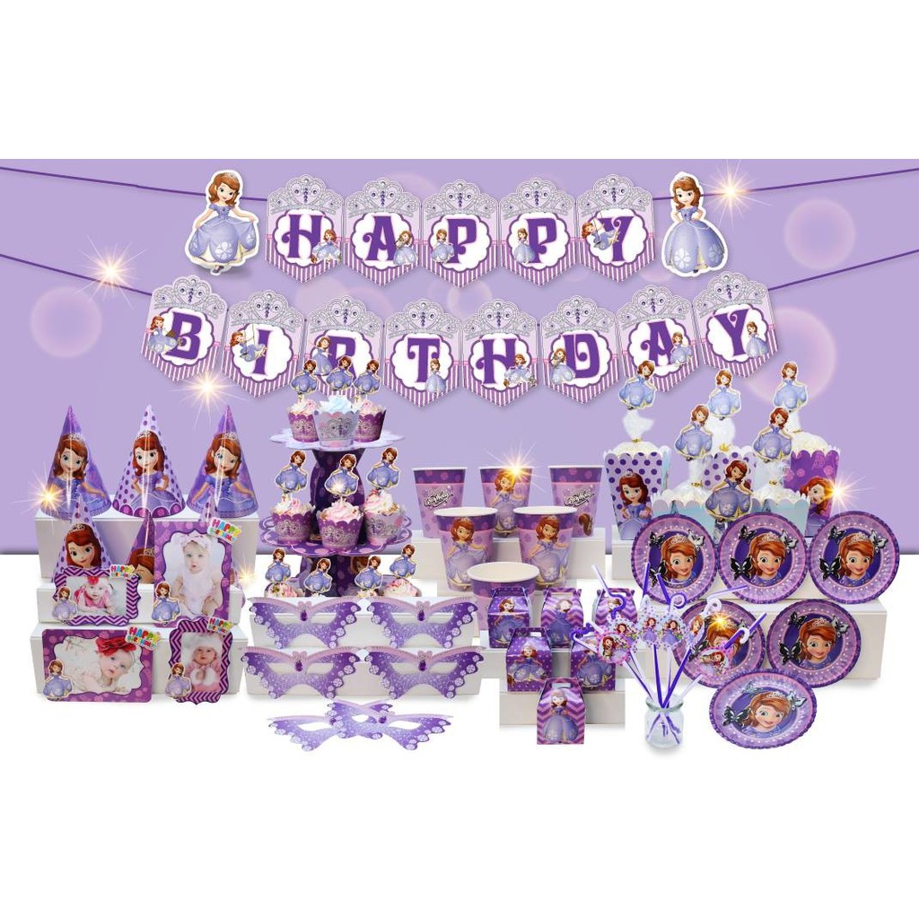 Set trang trí sinh nhật bé gái Bộ phụ kiện chủ đề công chúa Sofia mini - mega - Happy birthday thôi nôi cho bé