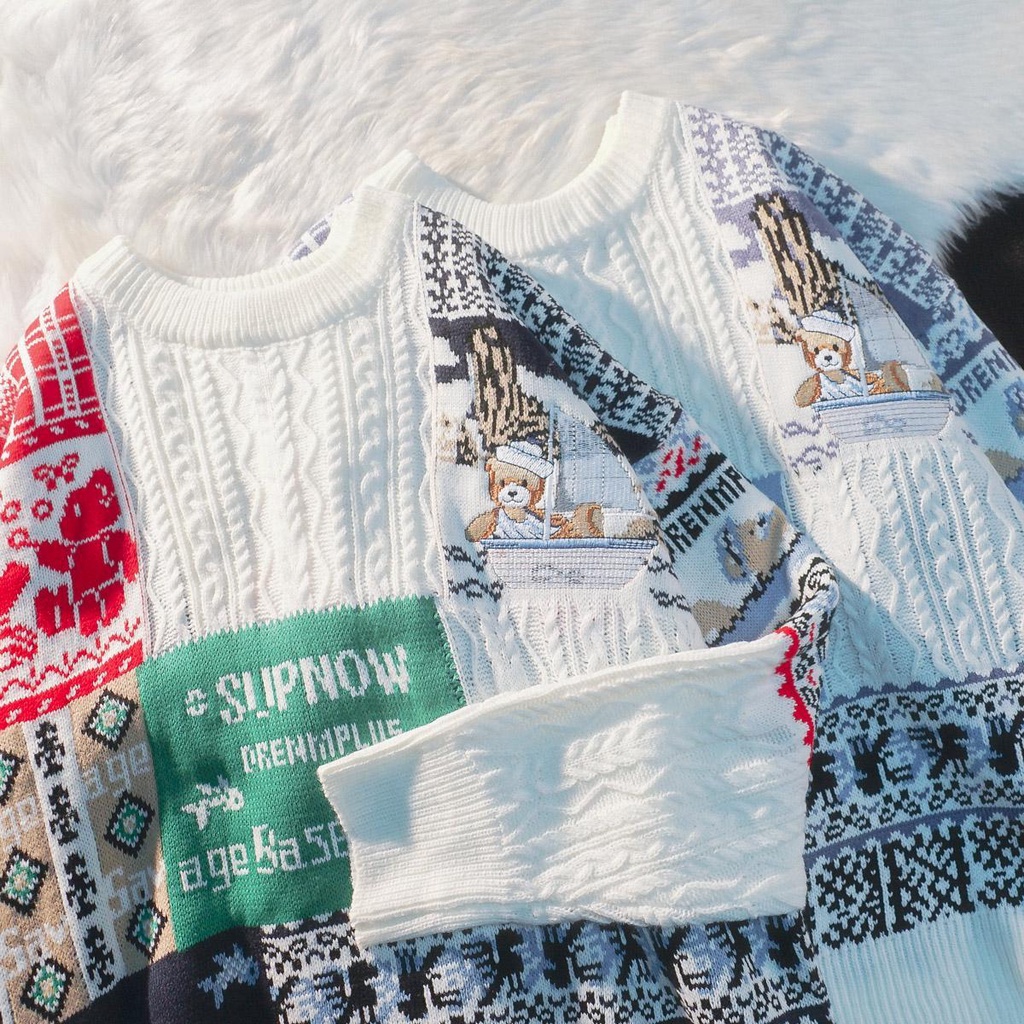 Áo Sweater Dệt Kim Dáng Rộng Thêu Hình Gấu Phong Cách Âu Mỹ Thời Trang Mùa Đông Cho Nam Và Nữ