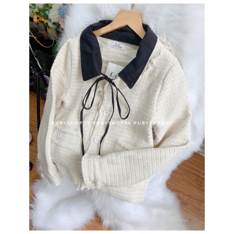 Áo dạ tweed nữ dáng ngắn màu trắng phong cách Hàn Quốc, Áo khoác dạ nữ đẹp tiểu thư sang chảnh Rubyshop94