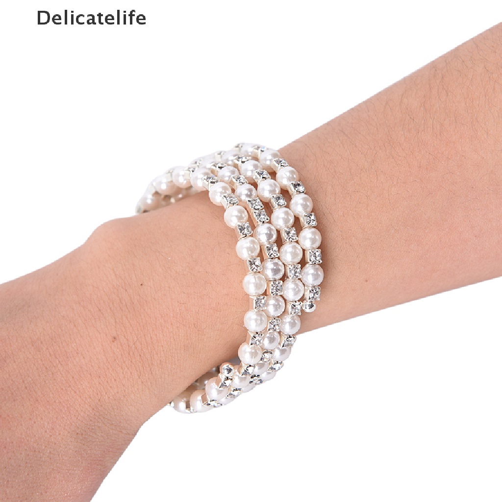 [Delicatelife] Vòng tay nhiều lớp đính ngọc trai pha lê co giãn bản rộng bán chạy