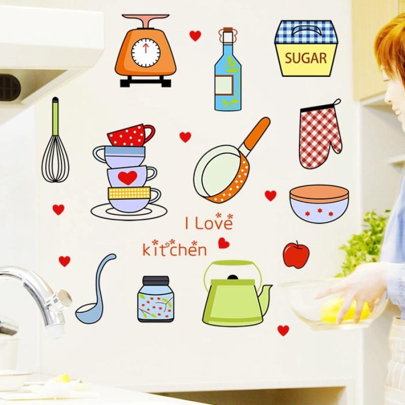 Decal Dán Tường Trang Trí Nhà Bếp Hình Dụng Cụ Nấu Ăn Ngộ Nghĩnh Kích Thước 30x45cm