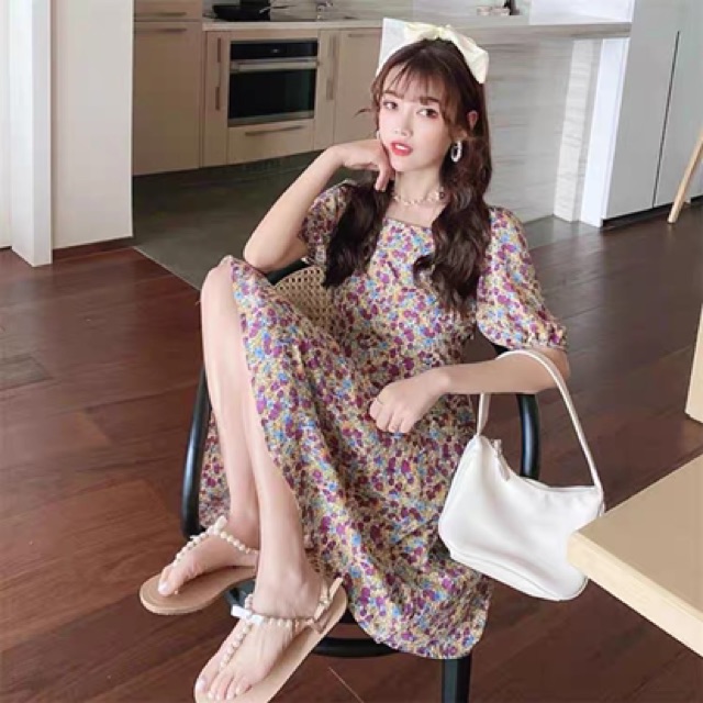 Váy hoa nhí tay bồng cổ vuông thắt nơ lưng Ulzznag style🌸 VKE8050 Hàng Quảng Châu