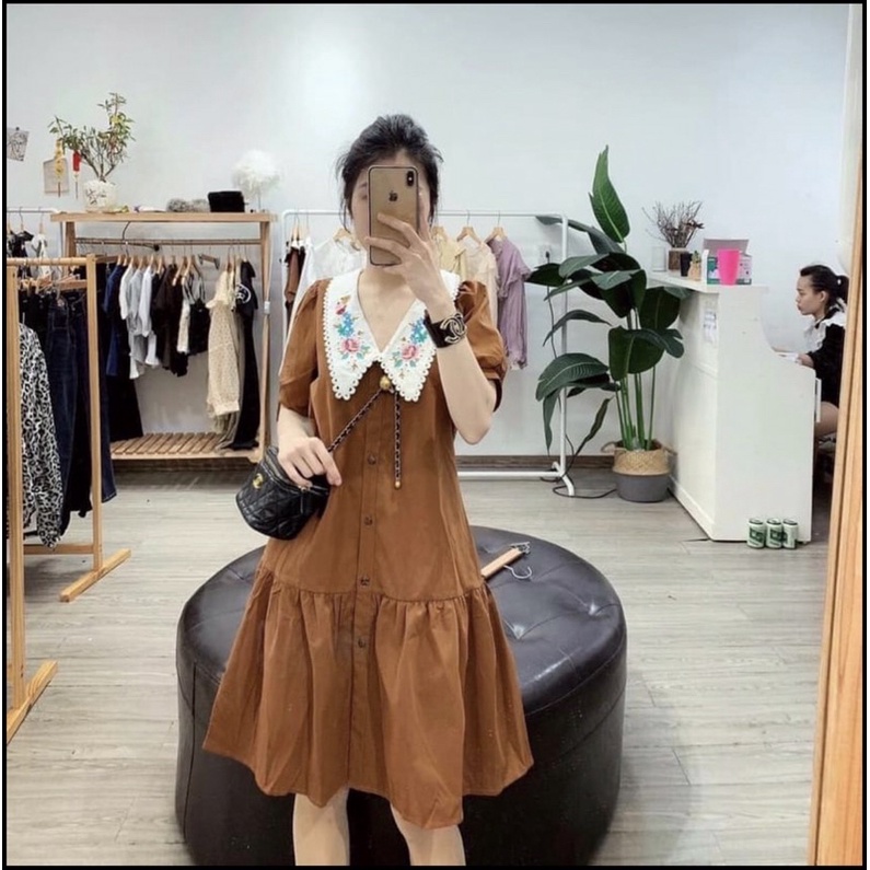 Đâm suông cổ thêu hoa chât thô (hình thật)