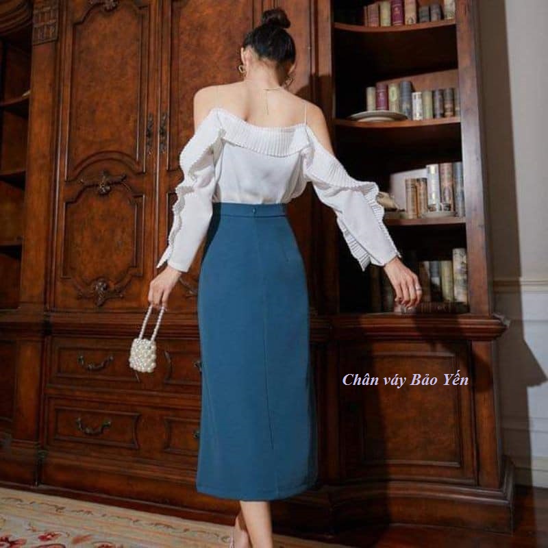 Chân váy dài midi A xanh cổ vịt xẻ đùi - M28X