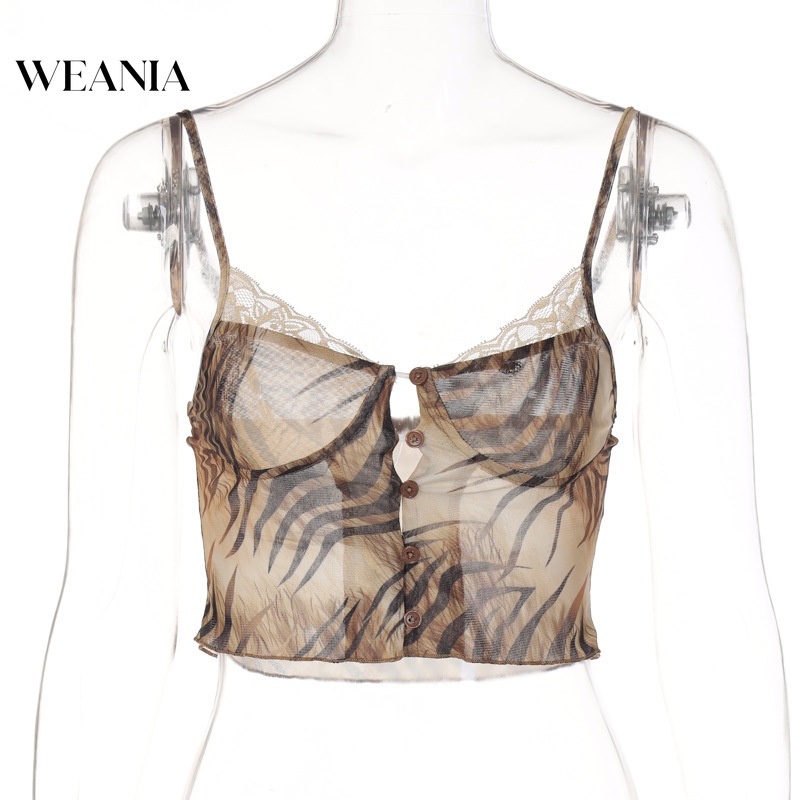 Áo Lửng Hai Dây Phối Ren Lưới Xuyên Thấu In Họa Tiết Hổ Quyến Rũ Phong Cách Mùa Hè