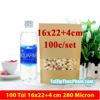 100 cái túi zip giấy kraft vàng size 16x22 cm cửa sổ tràn viền đựng 300g bột mịn, phủ CPP chống nước đựng thực phẩm