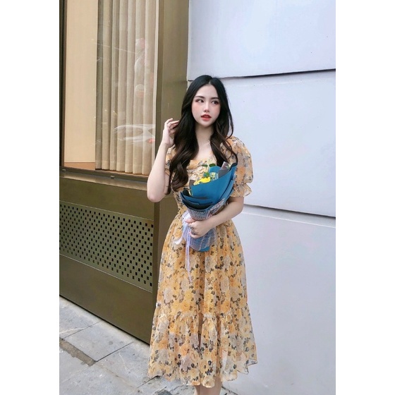 Váy xòe hoa dự tiệc cap cấp dáng dài tay bồng xinh chất liệu tơ 2 lớp dày dặn | BigBuy360 - bigbuy360.vn