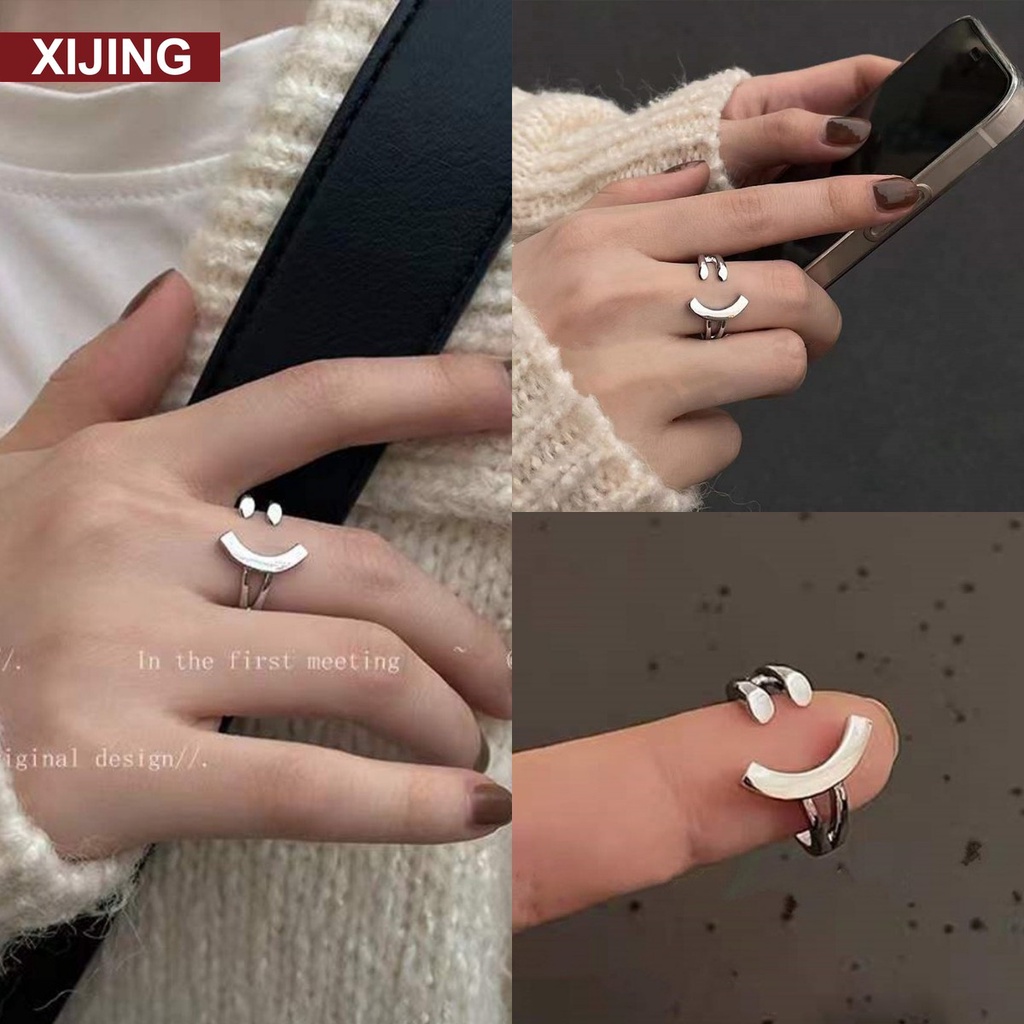 Nhẫn hở màu bạc họa tiết mặt cười có thể điều chỉnh kích thước đeo ngón trỏ độc đáo thời trang cho nữ