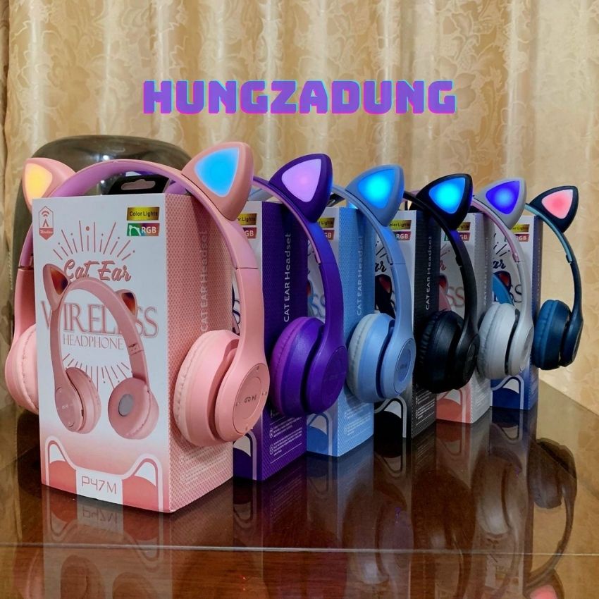 Tai Nghe Bluetooth Phát Sáng,Tai Nghe ChụpTai Mèo Có Mích P47M Giành cho Laptop,PC,Điện Thoại HUNGZADUNG