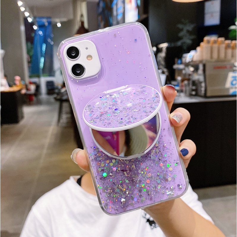 Case iPhone 12 Mini 11 Pro Max 6 6S 7 8 Plus X XR XS XS Max SE 2020 Epoxy Silver Foil Glitter Phone Case With a round mirror