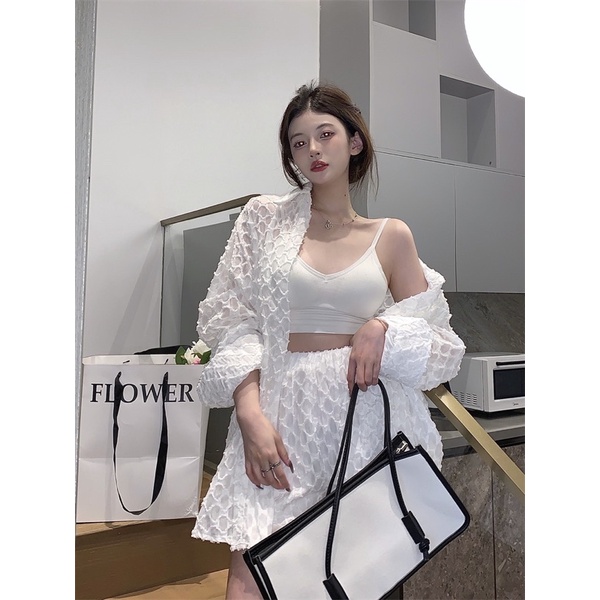 Set áo sơ mi và quần short voan mắt lưới dáng rộng hot