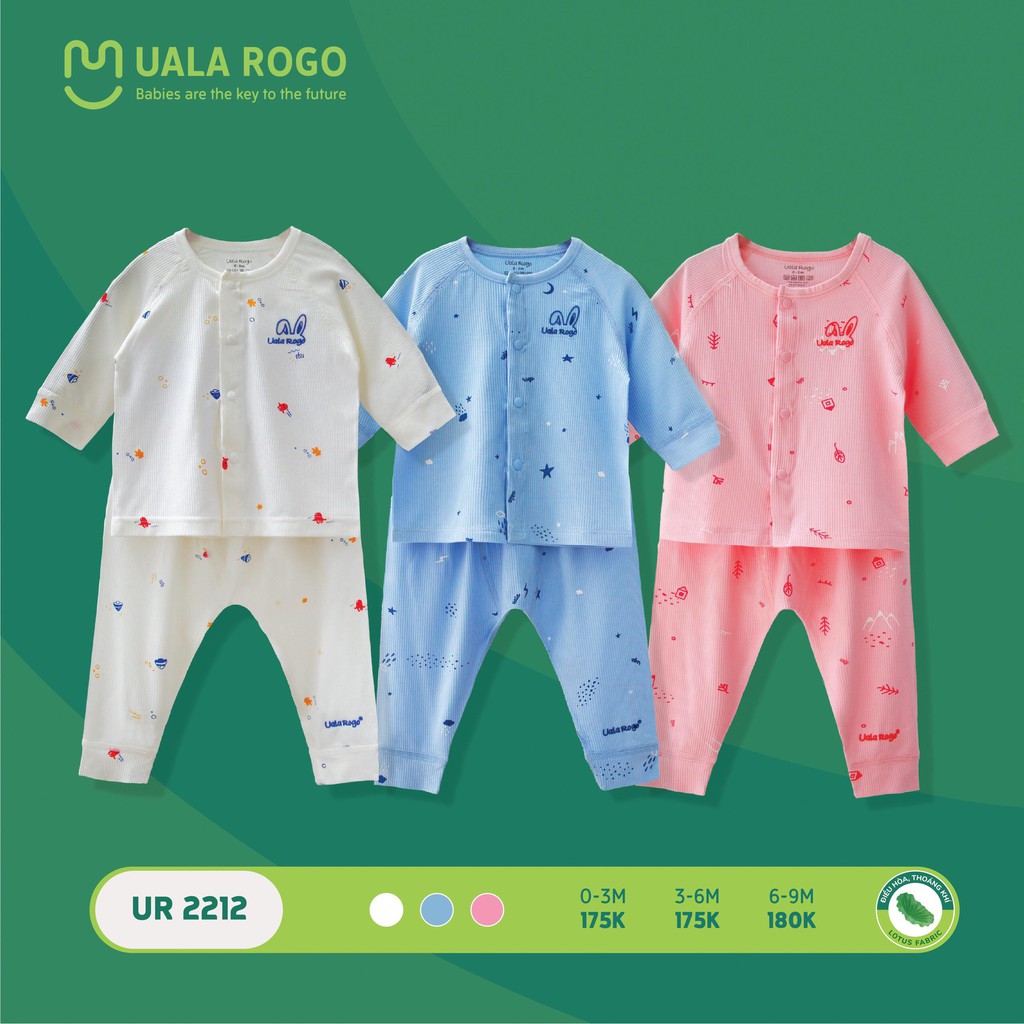 UR2212 Bộ quần áo sơ sinh dài tay cài giữa vải sợi sen Uala Rogo
