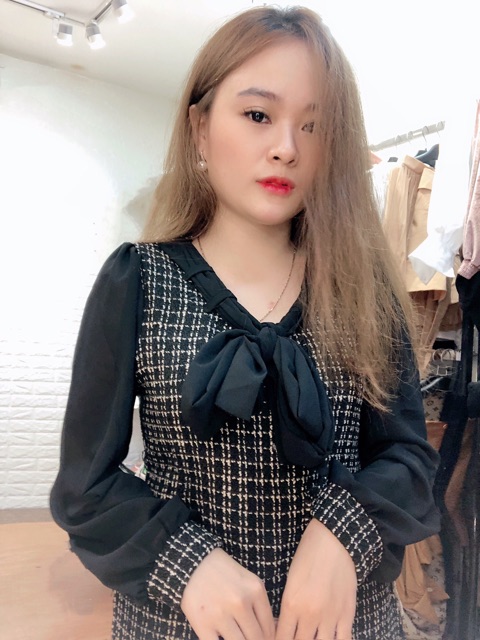 Váy dạ pha voan thắt nơ