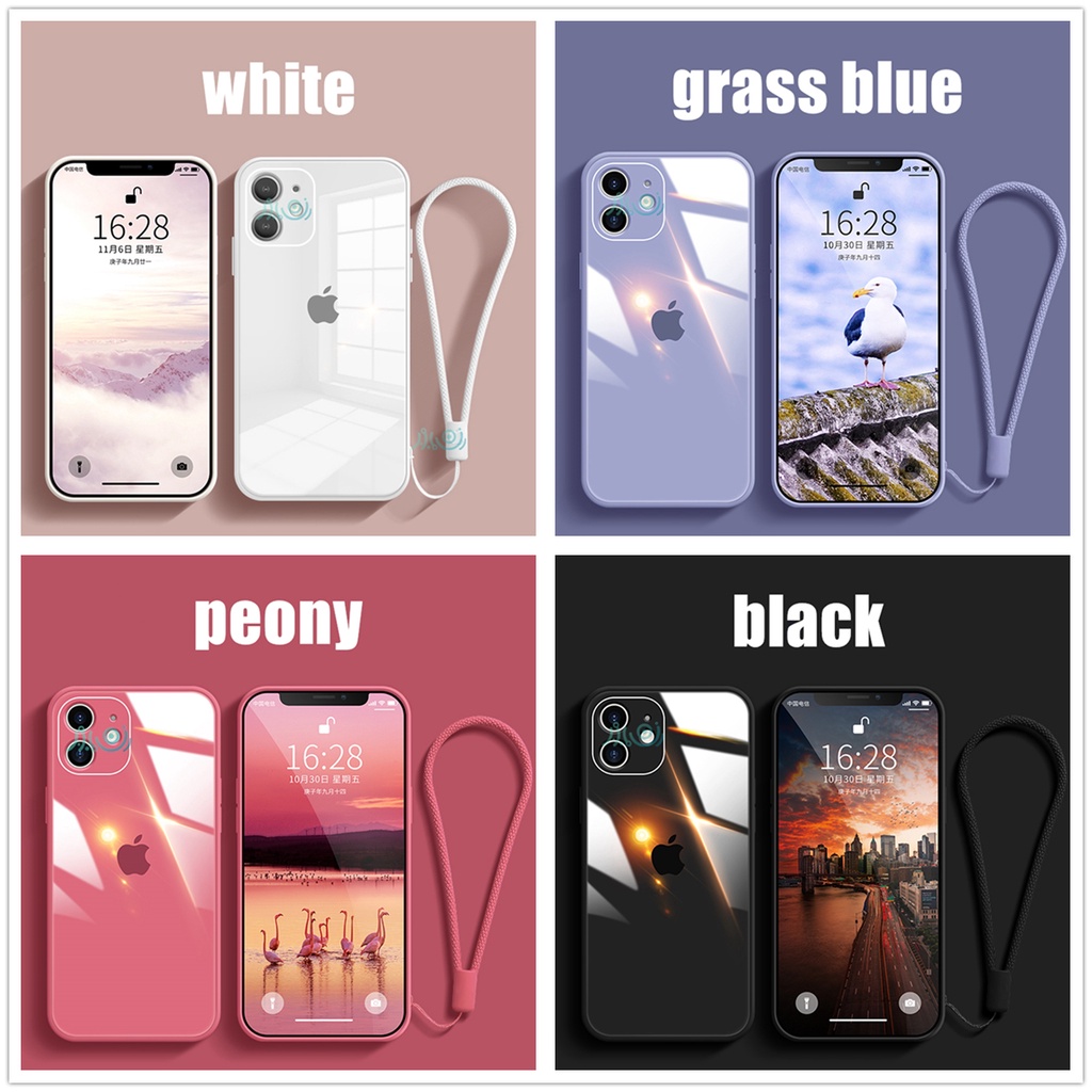 【Free Lanyard】Macaron Casing iPhone 11 12 Pro MAX XS MAX XR X 6 6S 7+ 8 Plus SE 2020 Tempered Glass Case Square Silicone back cover