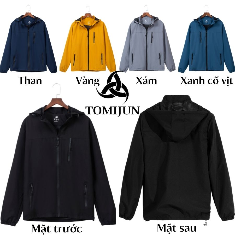 Áo khoác dù gió nam nữ 2 lớp TOMIJUN lót lưới cao cấp, chất gió tráng bạc, chống nước, chống gió, cản bụi, nhiều màu