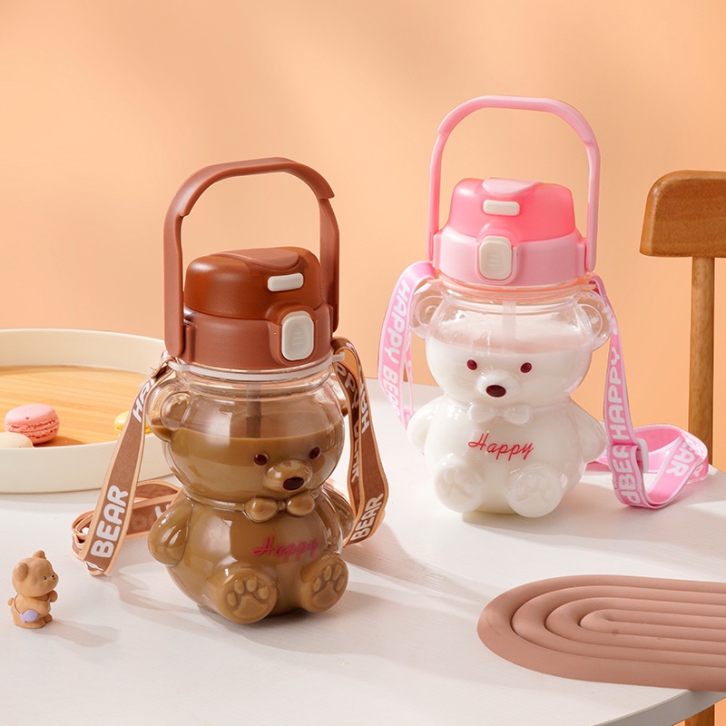 Bình đựng nước uống hình gấu siêu dễ thương,Dung tích 1 lít tặng kèm dây đeo và sticker, Chất liệu an toàn không độc hại