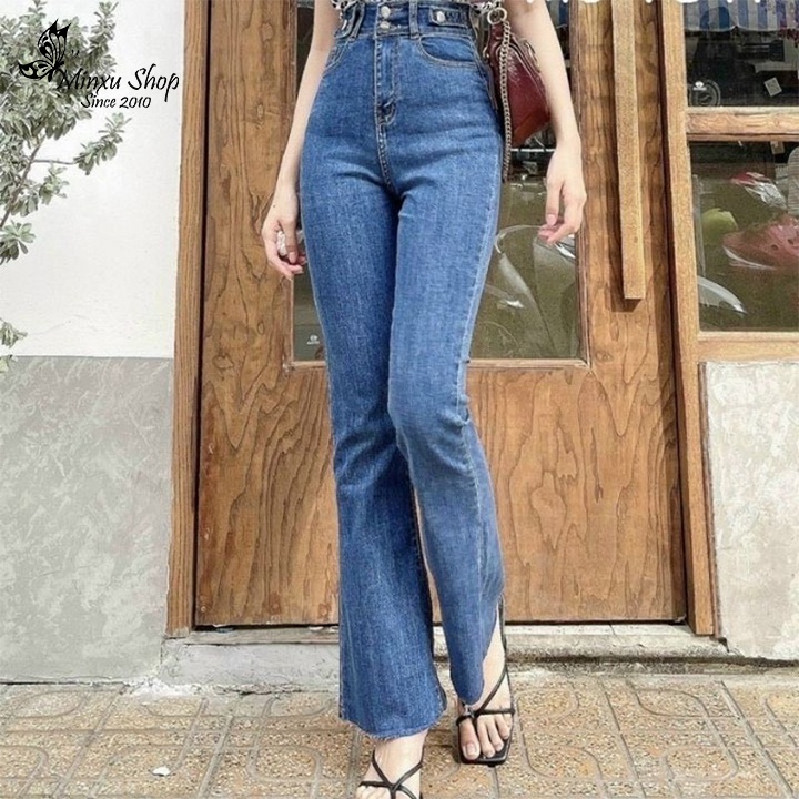 Quần jean ống loe lưng cao màu xanh trẻ trung co giãn mềm mát siêu tôn dáng Minxu Shop Q6301