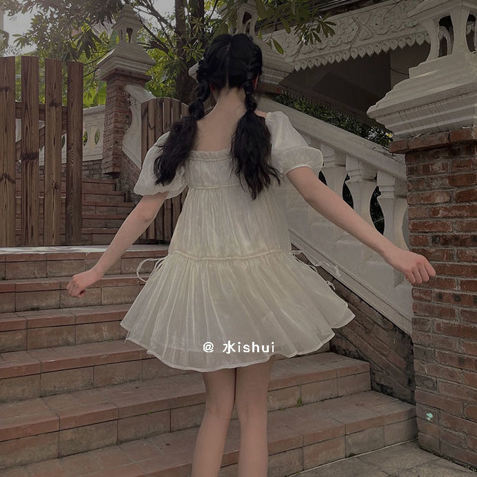 Anna's Sweet and lovely girl gauze high waist slim square collar bubble sleeve dress female princess dress 2021 spring new style | BigBuy360 - bigbuy360.vn