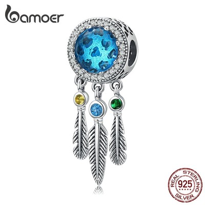 Hạt Charm Bamoer Họa Tiết Lông Vũ Đính Đá Trang Trí Vòng Tay Bằng Bạc 925