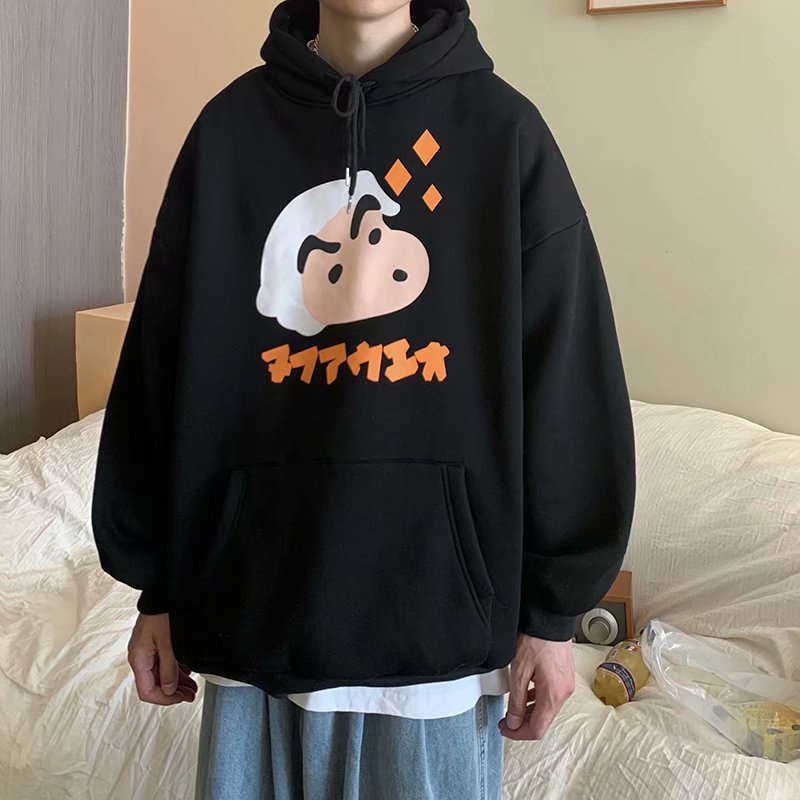 Áo khoác hoodie nhung in hình cậu bé bút chì Xiaoxin size lớn m-8xl phong cách ngày thường thu đông