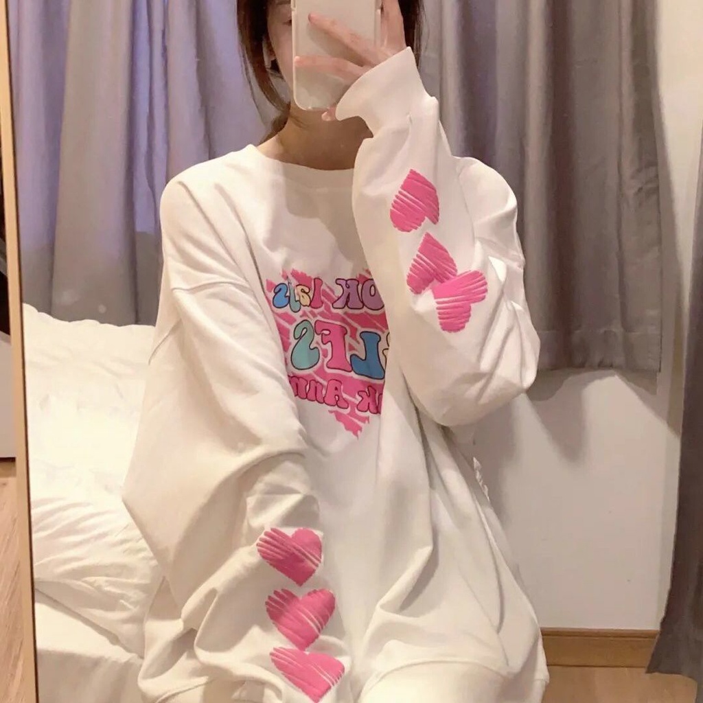 【Keroro】ÁO phông dài tay nữ dáng rộng in hình trái tim tay áo siêu dễ thương bắt trend 2021 ( kèm ảnh thật) | BigBuy360 - bigbuy360.vn